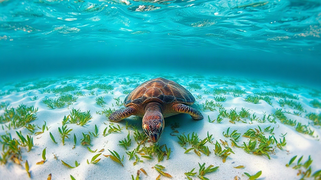 Une tortue verte broutant un herbier marin dans une eau turquoise peu profonde
